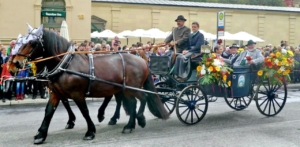 Beim Trachten- und Schützenzug 2019 dabei: Die Festkutsche des BSSB mit dem Bayernbund-Landesvorsitzenden Sebastian Friesinger und dem Ehren-Landesvorsitzenden des Bayer. Sportschützenbundes Wolfgang Kink. (Foto: Anton Hötzelsperger)